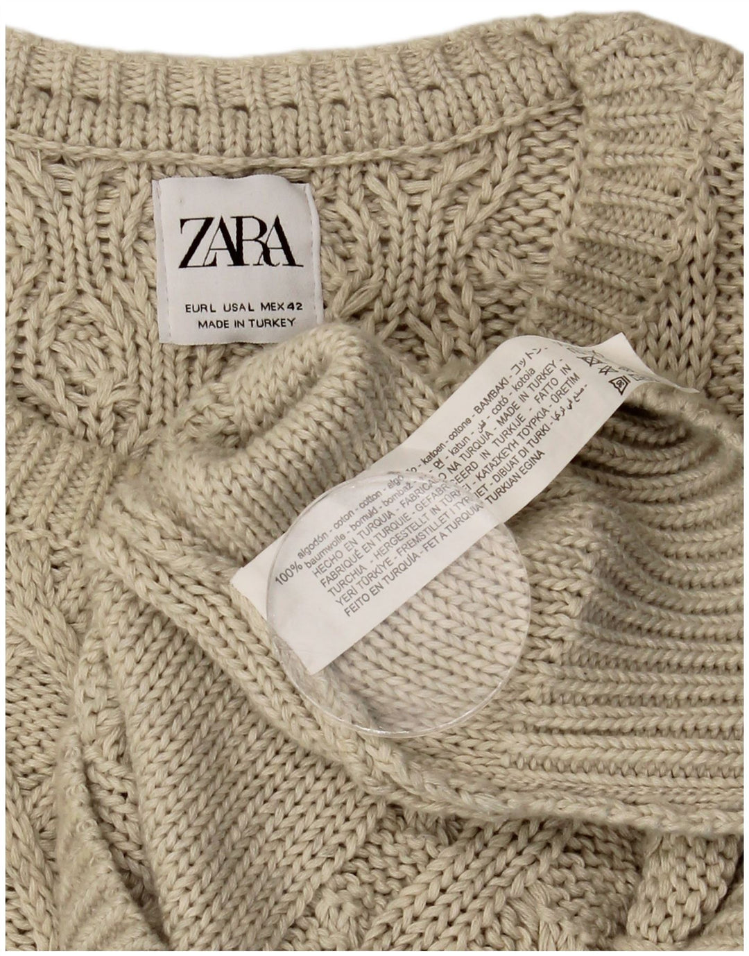 Męski sweter Zara z dekoltem w łódkę, duży, beżowy, bawełniany