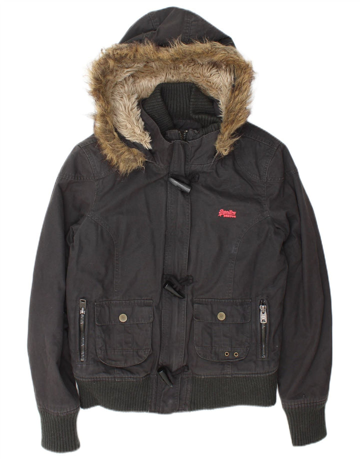 Damska kurtka bomber z kapturem Superdry UK 16, duża, szara bawełna