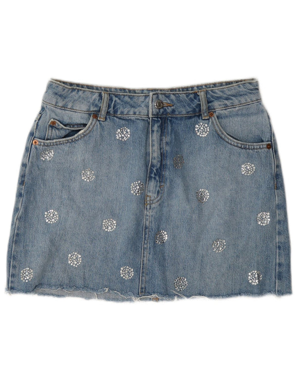Topshop damska mini spódniczka dżinsowa UK 12 średnia W28 niebieska bawełniana w cętki