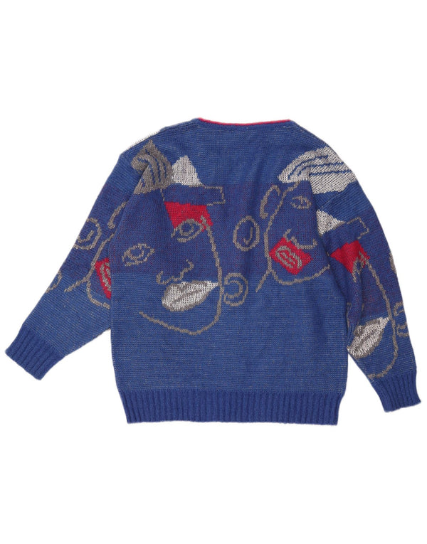 Damski sweter VINTAGE z graficznym dekoltem w kształcie litery V, UK 16, duży niebieski