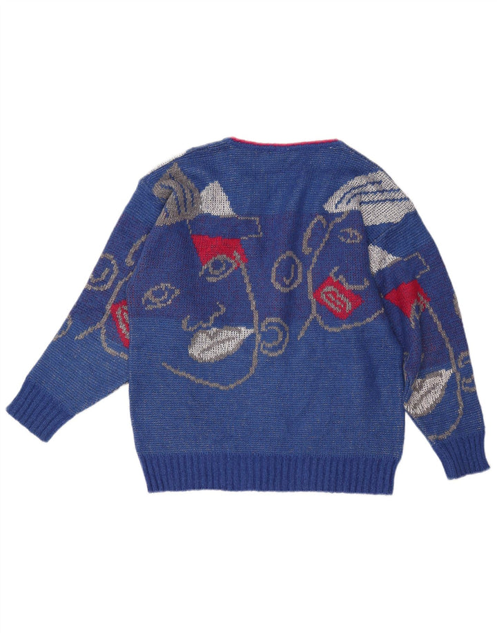 Damski sweter VINTAGE z graficznym dekoltem w kształcie litery V, UK 16, duży niebieski