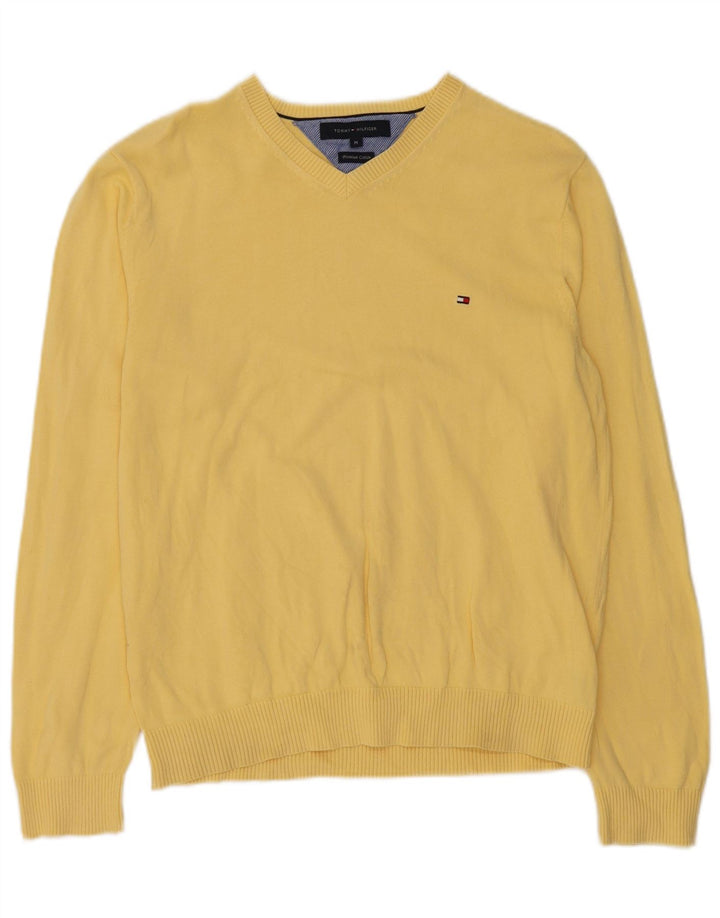 Męski sweter Tommy Hilfiger z dekoltem w kształcie litery V, średniożółty, bawełniany
