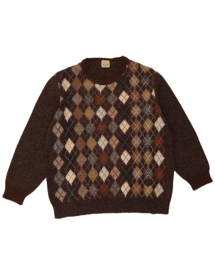 Męski sweter z wycięciem pod szyją Trussardi, duży brązowy Argyle/Diament
