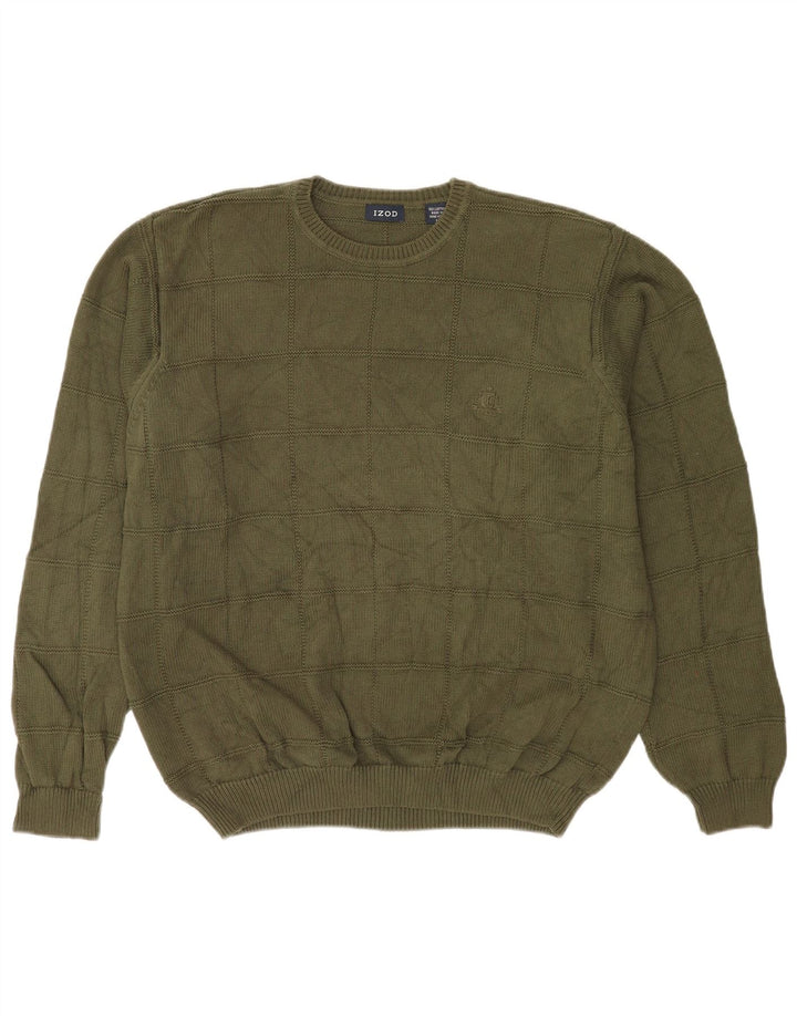 Izod Męski sweter z okrągłym dekoltem, duży, bawełniany khaki w kratkę