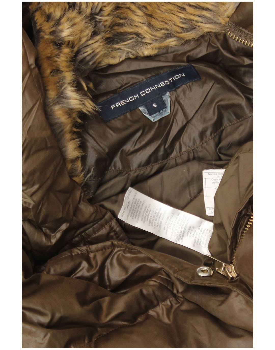 FRENCH CONNECTION Damski ocieplany płaszcz z kapturem UK 10, mały, brązowy poliester
