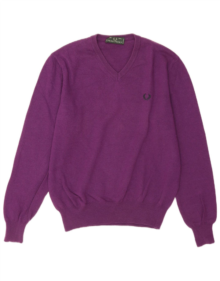 Męski sweter Fred Perry z dekoltem w kształcie litery V, średnio fioletowa wełna
