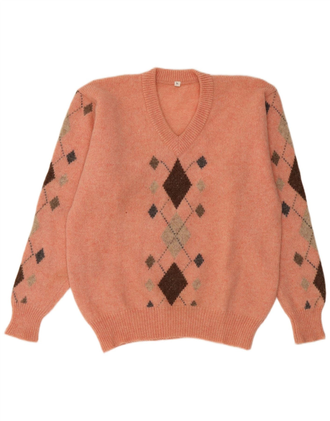 Vintage męski sweter z dekoltem w kształcie litery V, duży pomarańczowy Argyle/diament