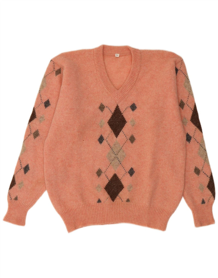 Vintage męski sweter z dekoltem w kształcie litery V, duży pomarańczowy Argyle/diament