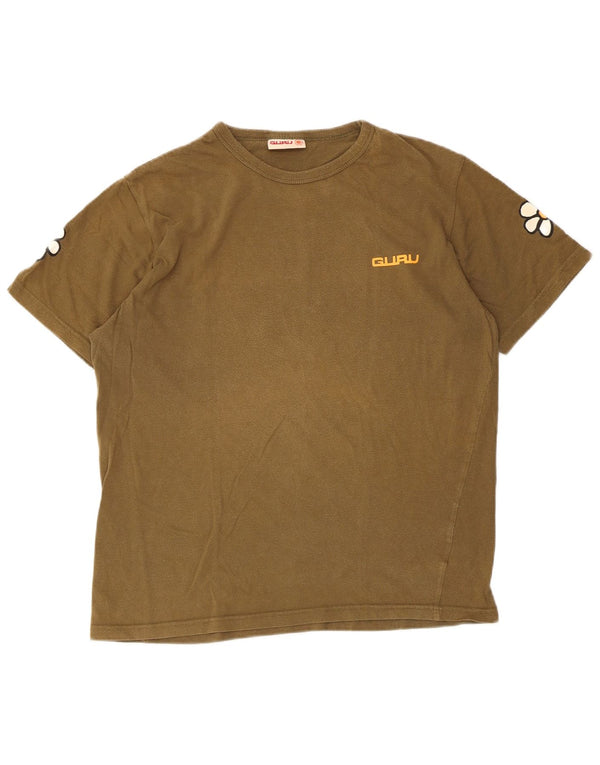 Damska koszulka z grafiką Guru Top UK 16, duża, khaki, bawełniana w kwiaty