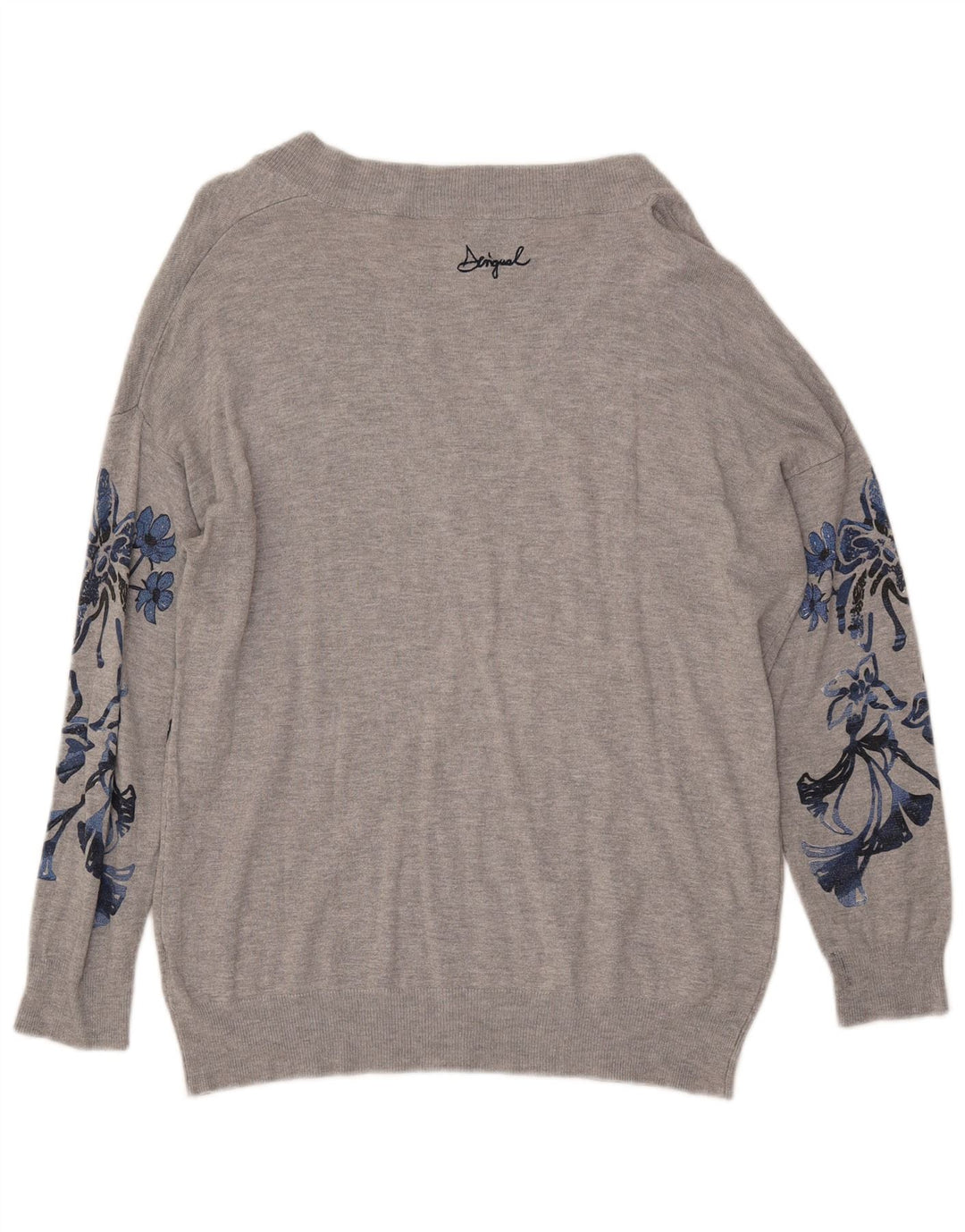 Damski sweter DESIGUAL z graficznym dekoltem w kształcie litery V, UK 14, średnio szary, w kwiaty