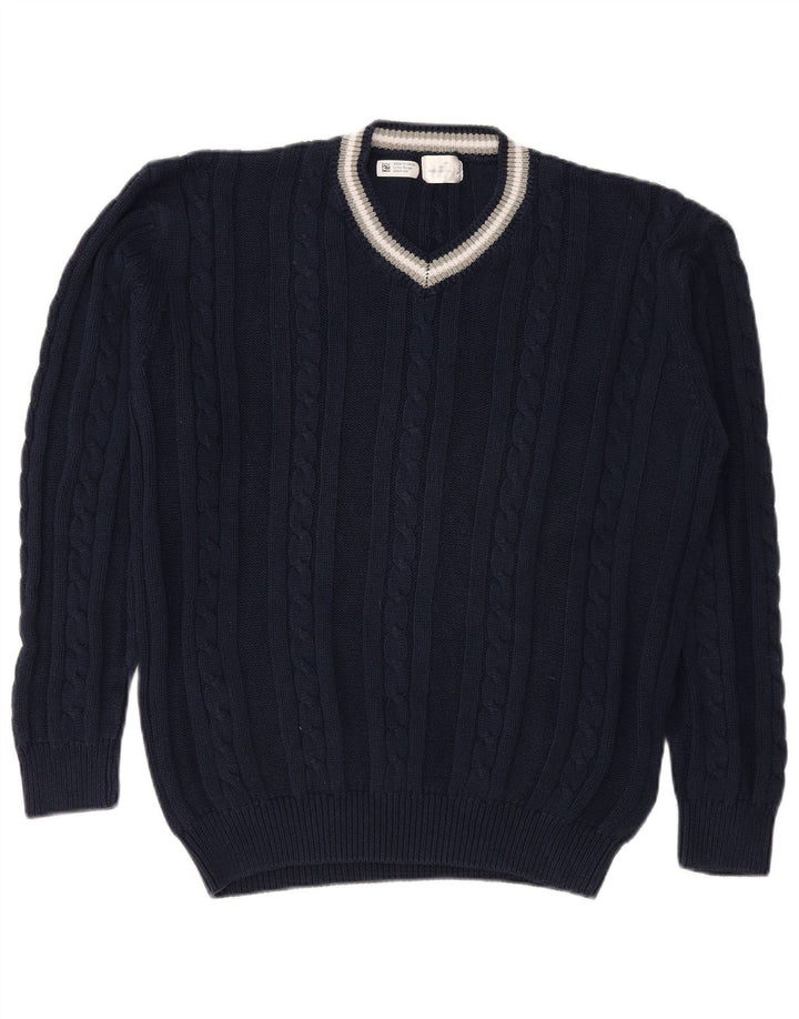 Męski sweter VINTAGE z dekoltem w kształcie litery V, duży, granatowy, bawełniany