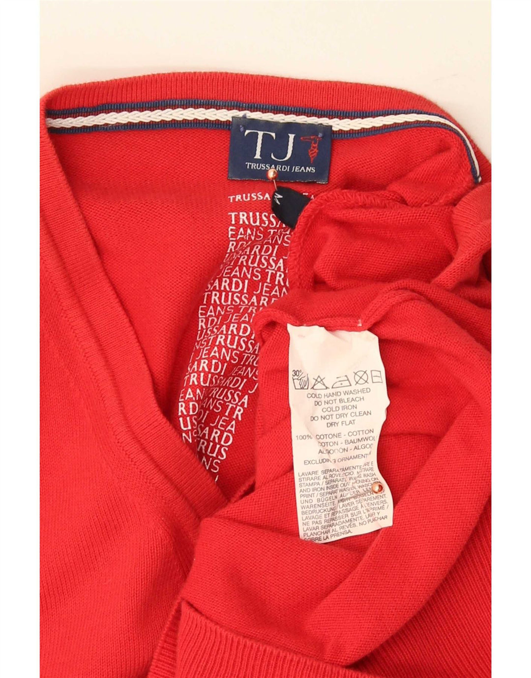 Męski sweter z dekoltem w serek Trussardi Jeans, średniej wielkości, czerwony, bawełniany