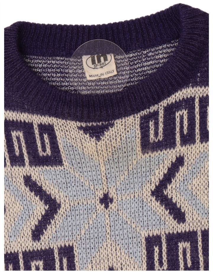 Vintage męski sweter z okrągłym dekoltem, średni granatowy geometryczny