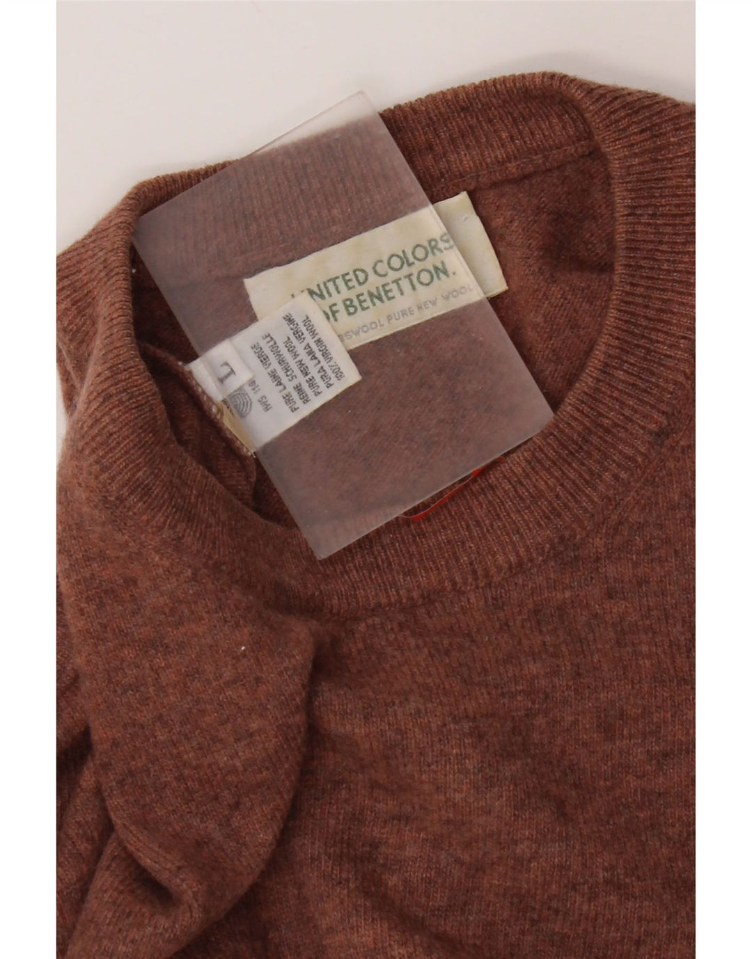 Męski sweter z okrągłym dekoltem Benetton, duży, brązowy, nowa wełna