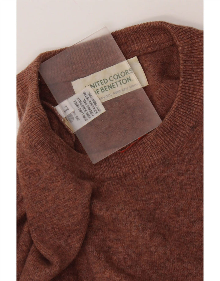 Męski sweter z okrągłym dekoltem Benetton, duży, brązowy, nowa wełna