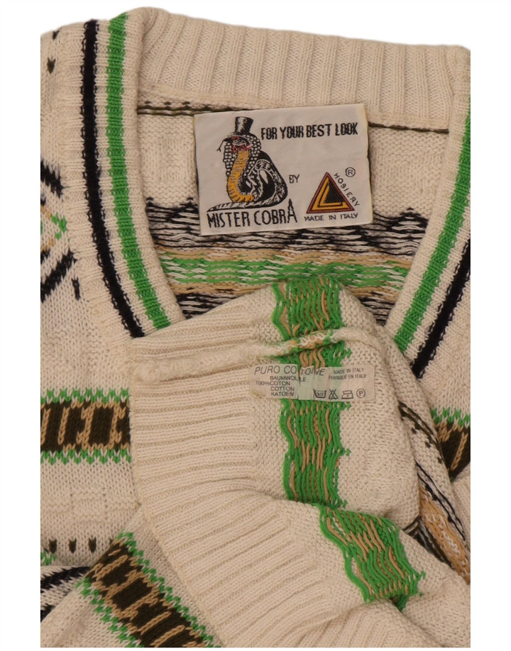 Męski sweter w stylu vintage z dekoltem w szpic, średniej wielkości biała geometryczna bawełna