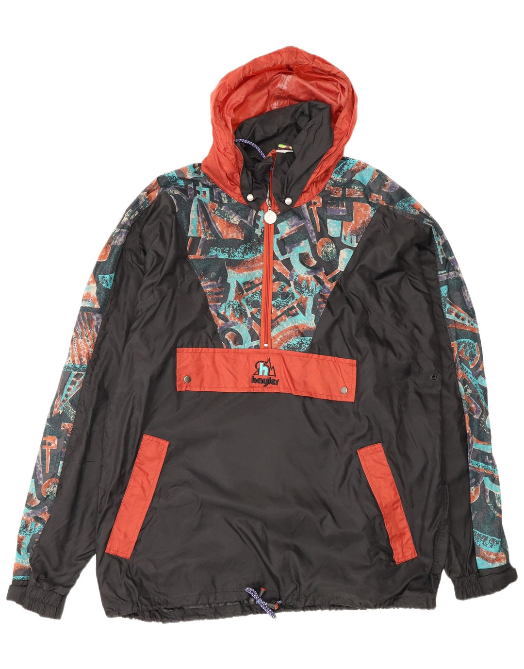 Vintage męska kurtka przeciwdeszczowa z kapturem Anorak UK 38, średnia czarna geometryczna