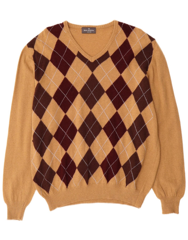 Malagrida Męski sweter z dekoltem w kształcie litery V XL Beżowy Argyle/Diamentowa wełna