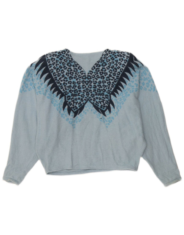 Sweter damski w stylu vintage z dekoltem w łódkę UK 14 Średni niebieski nadruk zwierzęcy