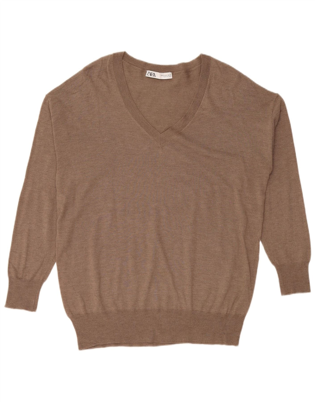 ZARA Womens Oversized V-Neck Jumper Sweater UK 10 Small Brown Polyester