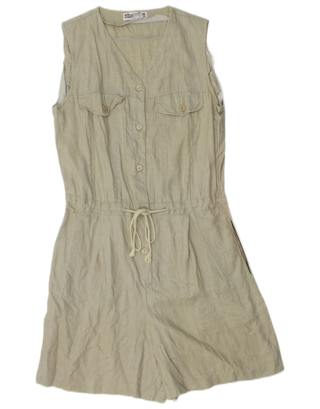 Vintage damski kombinezon bez rękawów UK 12 Medium Khaki Linen