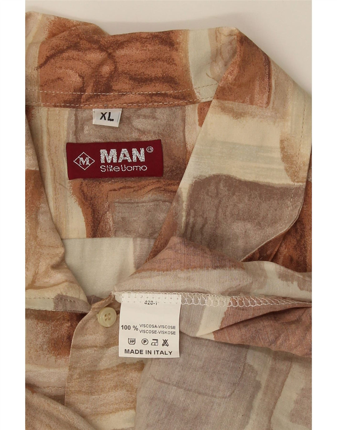 Vintage męska koszula z krótkim rękawem XL, brązowa, patchworkowa wiskoza