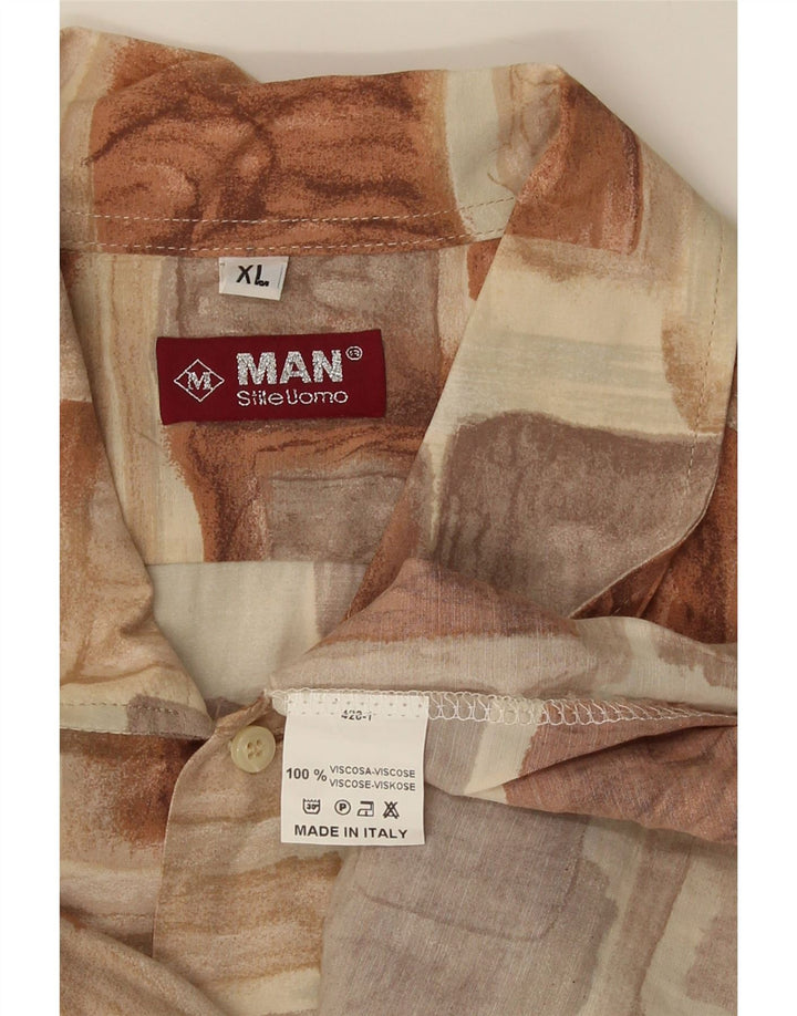 Vintage męska koszula z krótkim rękawem XL, brązowa, patchworkowa wiskoza