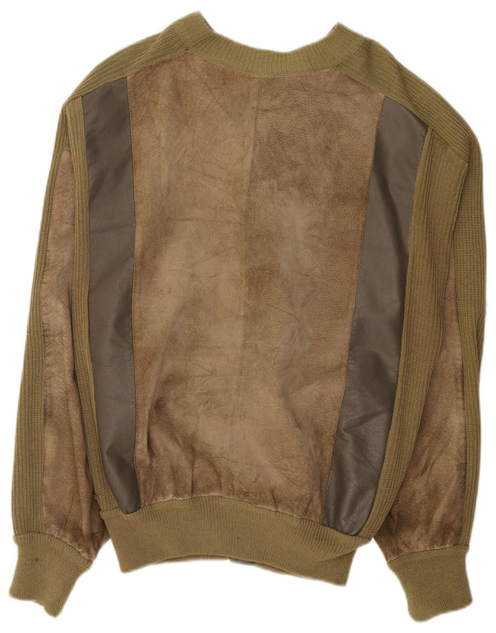 Męska zamszowa kurtka bomber w stylu vintage, UK 38, średnia skóra khaki z blokami kolorów