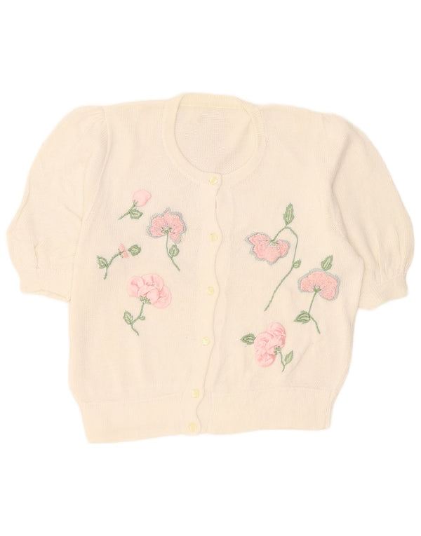 Vintage damski sweter rozpinany z krótkim rękawem UK 16 duży biały kwiatowy