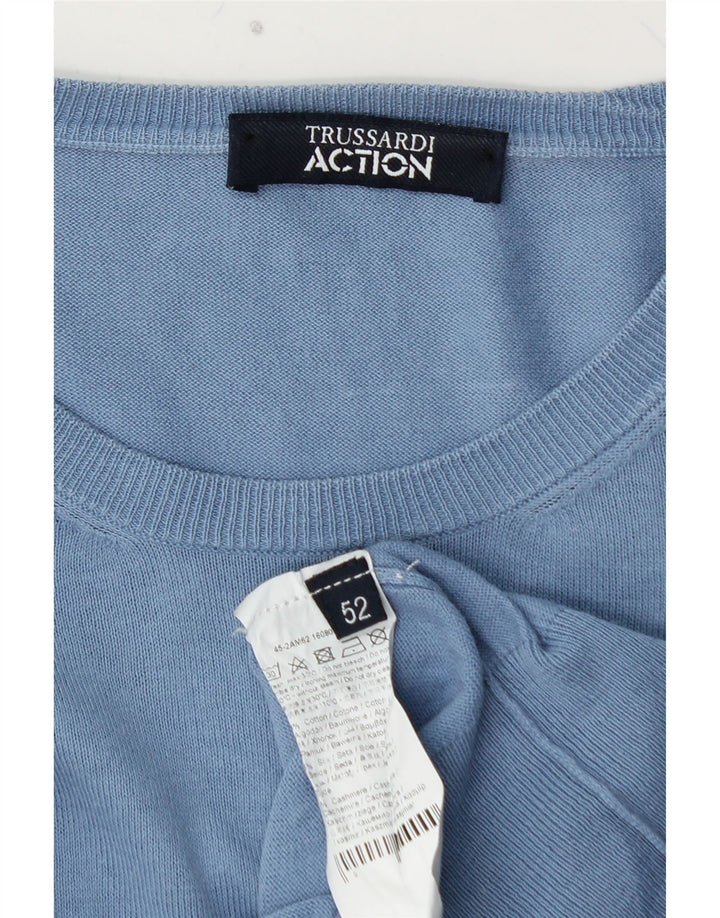 Męski sweter z okrągłym dekoltem TRUSSARDI IT 52, duży, niebieski, bawełniany