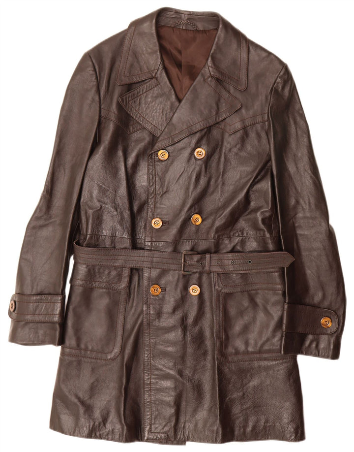 Vintage męski skórzany dwurzędowy płaszcz UK 36 Small Brown
