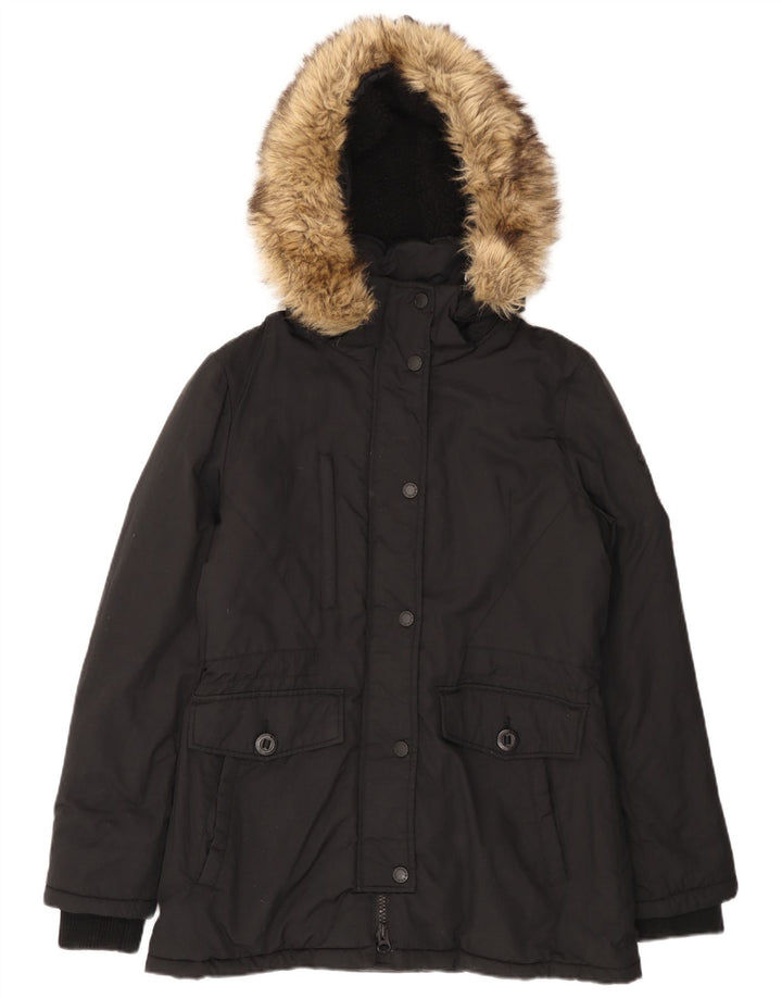 Damska kurtka parka z kapturem Superdry UK 12, średni czarny nylon