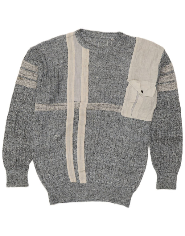Męski sweter z okrągłym dekoltem w stylu vintage IT 52, lniany w duże niebieskie paski