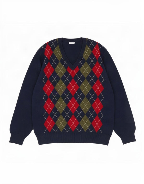 Vintage męski sweter z dekoltem w szpic XL granatowy Argyle/diamentowa wełna