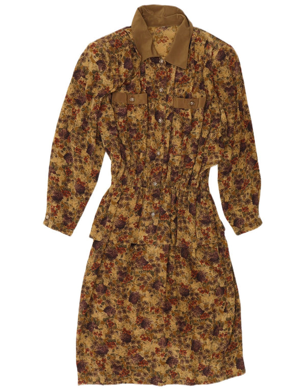 Vintage damska sukienka peplum z rękawem 3/4 UK 14, duża, khaki, wiskoza w kwiaty