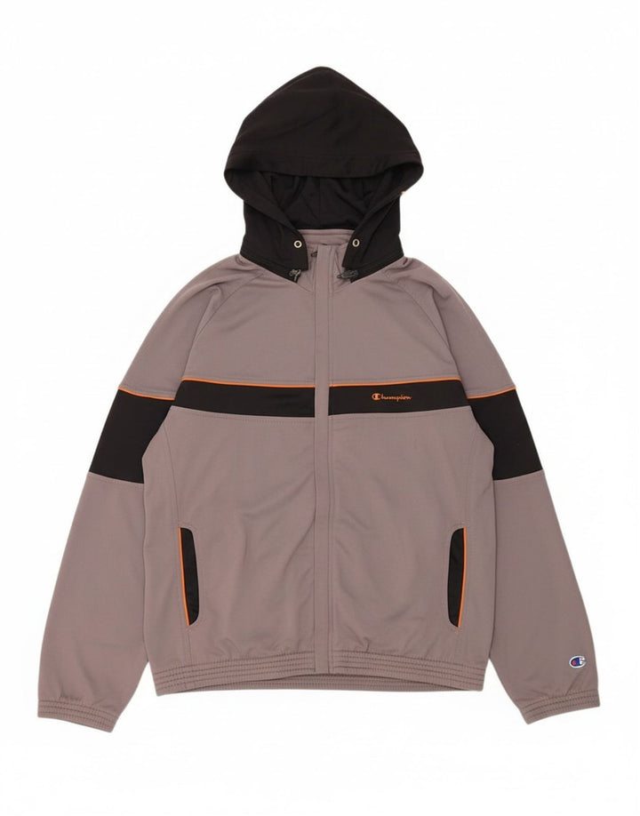 CHAMPION Mens Hooded Tracksuit Top Jacket Large Grey Colourblock