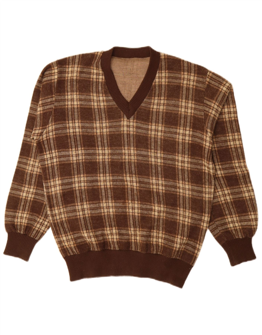 Vintage męski sweter z dekoltem w kształcie litery V, duży, brązowy akryl w kratkę
