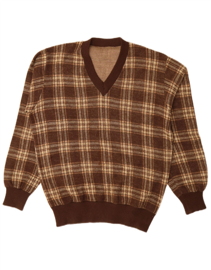 Vintage męski sweter z dekoltem w kształcie litery V, duży, brązowy akryl w kratkę