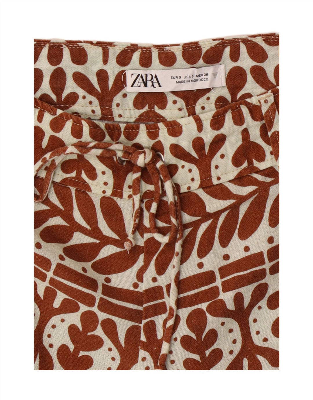 ZARA Womens Abstract Pattern Hot Pants Small W26  Brown Linen Vintage Zara and Second-Hand Zara from Messina Hembry 