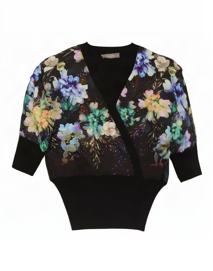 Damska bluzka oversize Oasis UK 6 XS, czarna w kwiaty, wiskoza