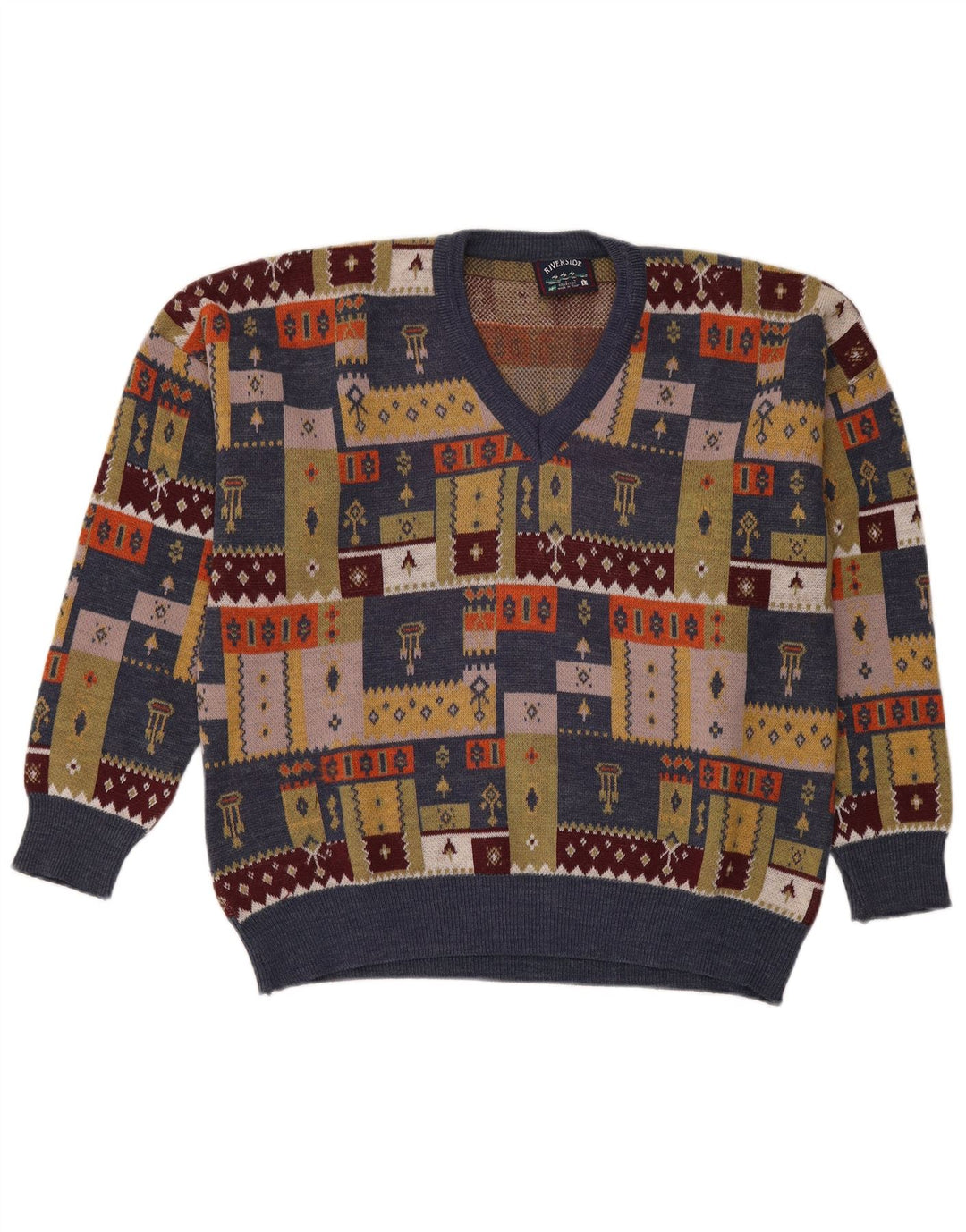 Męski sweter w stylu vintage z dekoltem w szpic, duży, wielobarwny patchwork