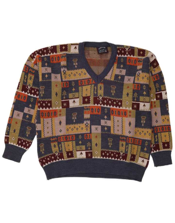 Męski sweter w stylu vintage z dekoltem w szpic, duży, wielobarwny patchwork