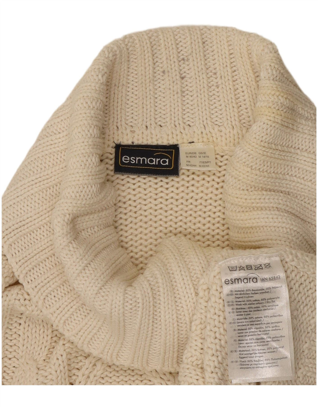 Sweter damski ESMARA z wywijanym dekoltem UK 14, średni, złamanej bieli, bawełniany