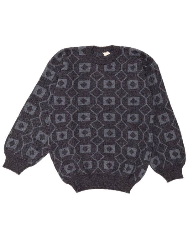 Vintage męski sweter z okrągłym dekoltem, średnio szary, geometryczny akryl