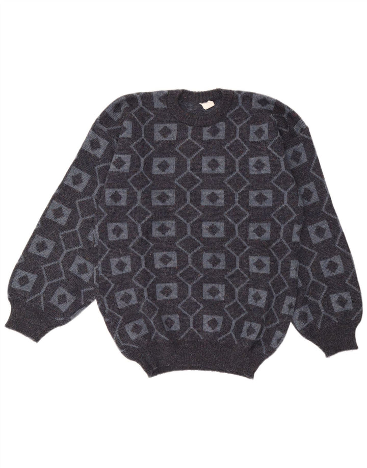 Vintage męski sweter z okrągłym dekoltem, średnio szary, geometryczny akryl