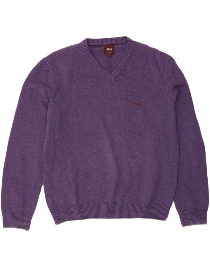 Marlboro Classics Męski sweter z dekoltem w kształcie litery V, duży, fioletowy, wełniany