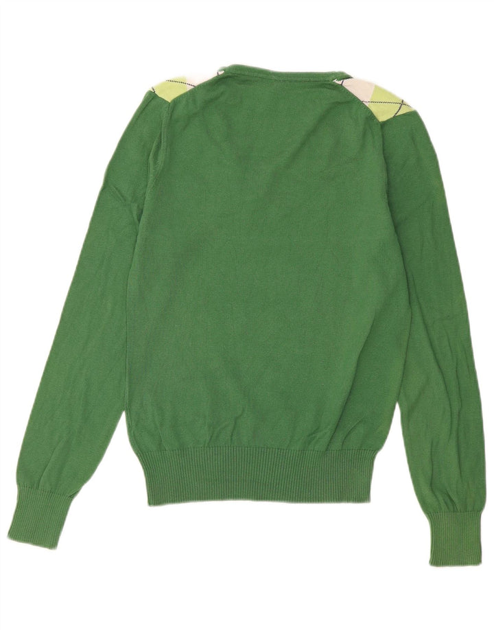 BENETTON Womens V-Neck Jumper Sweater UK 12 Medium Green Argyle/Diamond