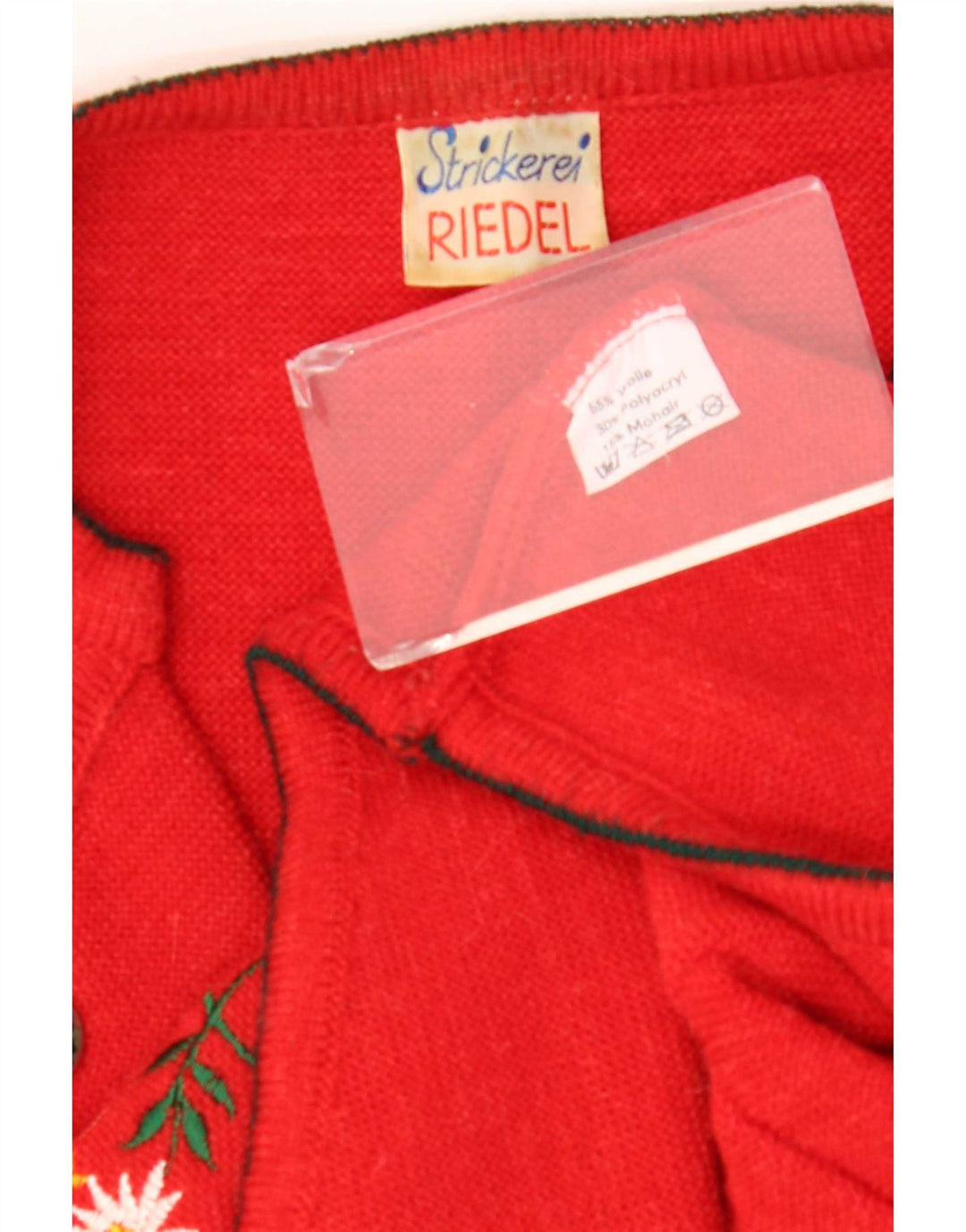 Sweter damski w stylu vintage, EU 42, duży, czerwony, wełniany w kwiaty