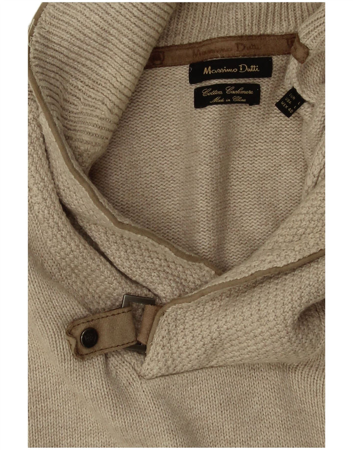 Męski sweter Massimo Dutti z szalowym dekoltem, duży, beżowy, bawełniany