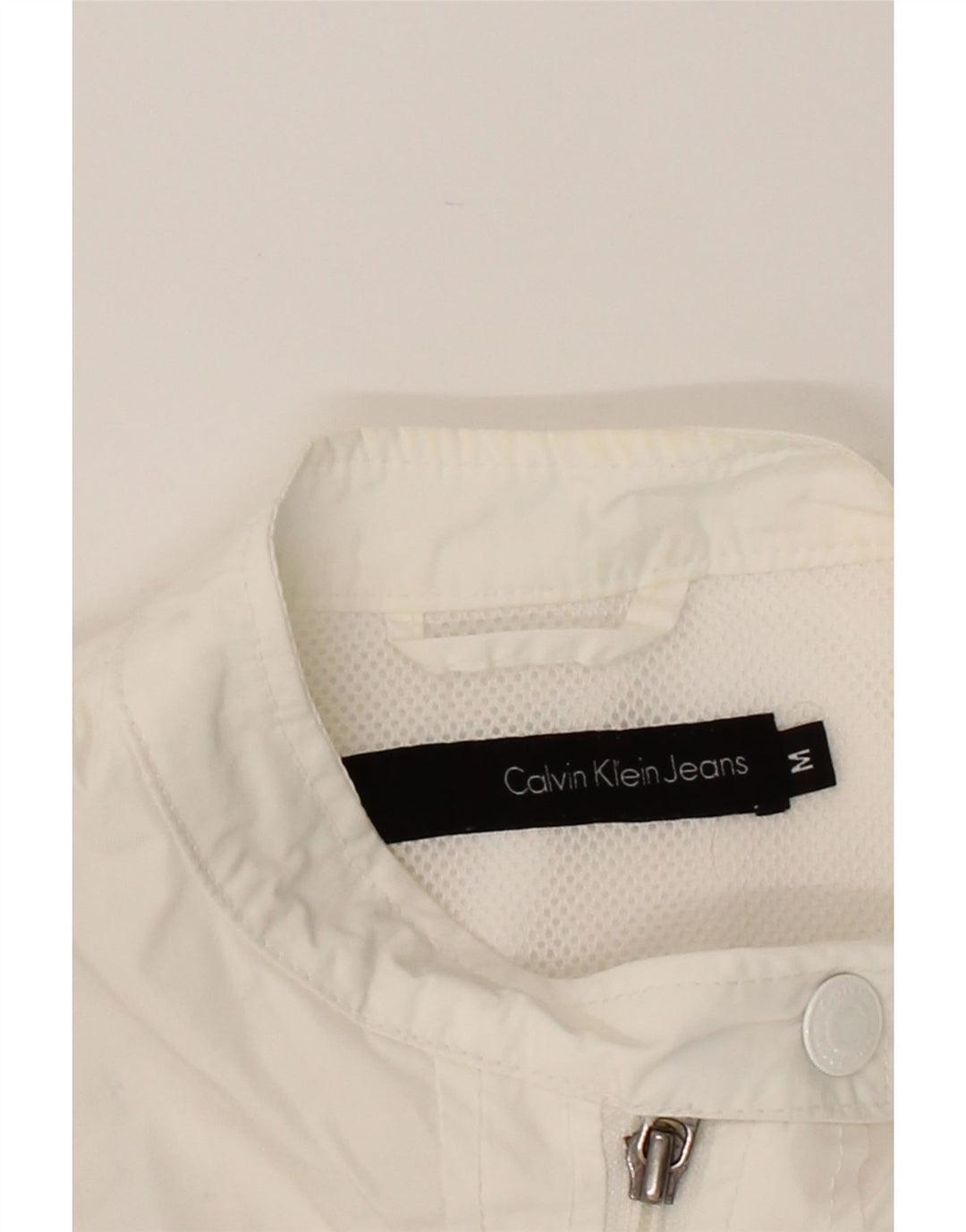 CALVIN KLEIN JEANS Womens Crop Bomber Jacket UK 12 Medium White Polyester Vintage Calvin Klein Jeans and Second-Hand Calvin Klein Jeans from Messina Hembry 